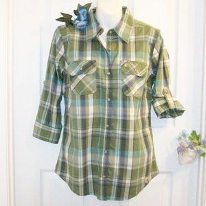 CARHARTT NWT S (4/6)  Button Up Plaid Shirt 3/4 Roll Tab Sleeve Olive White Blue